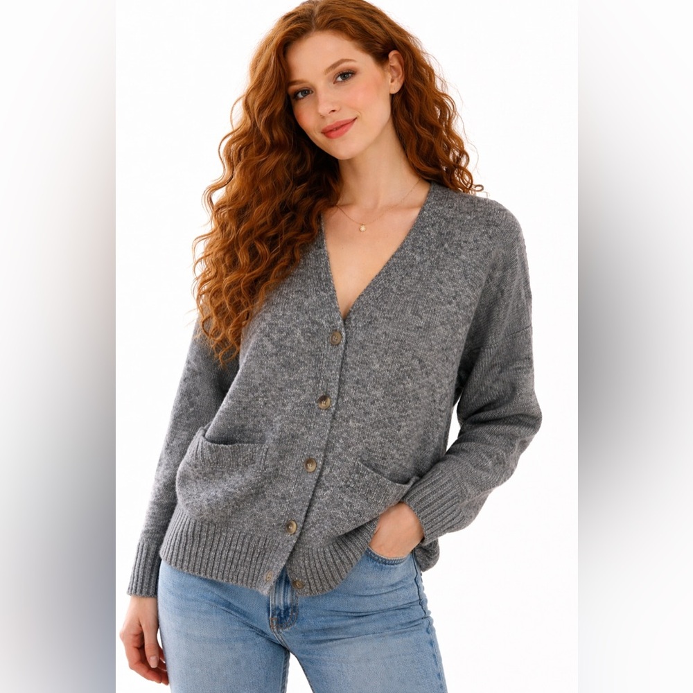 Ella Moss Marled Knit Cardigan Medium Gray Button Front Cozy Soft Minimalist